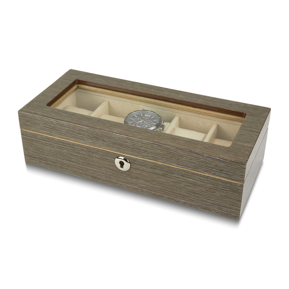 Grey Wood Five Watch Glass Lid Locking Storage Case with Felt Lining