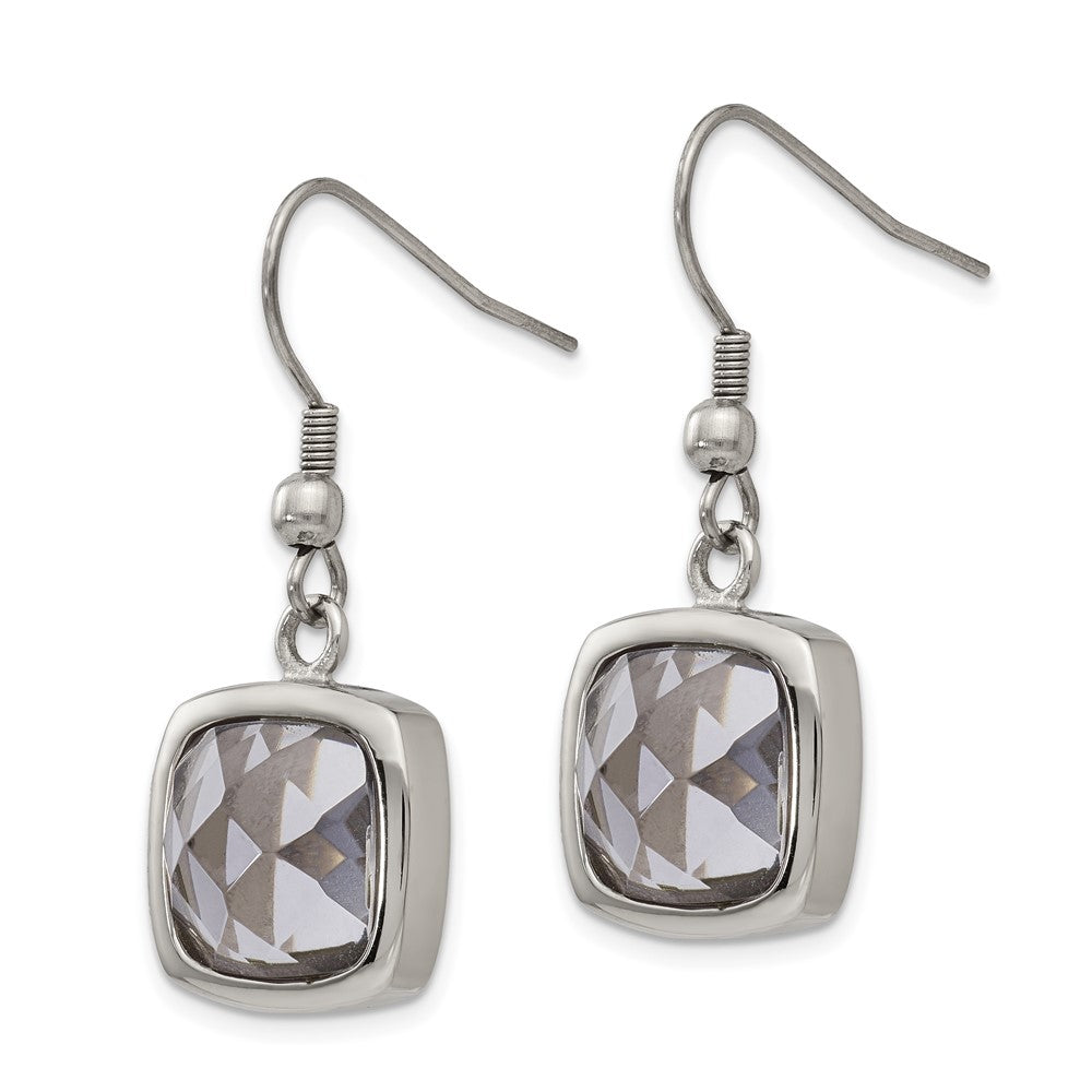 Stainless Steel Polished Square Grey Glass Shepherd Hook Earrings
