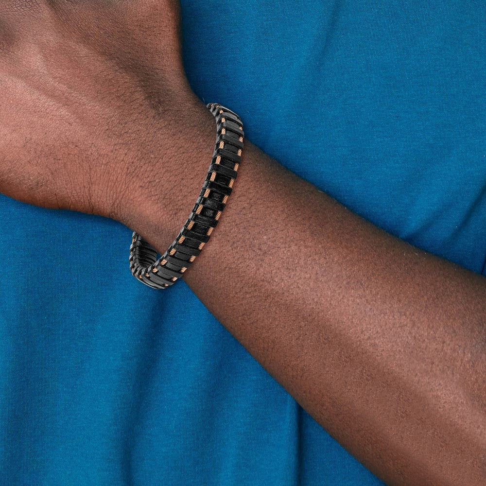 Stainless Steel Polished Rose IP-plated Cable and Black Leather Bracelet 8.5 inches