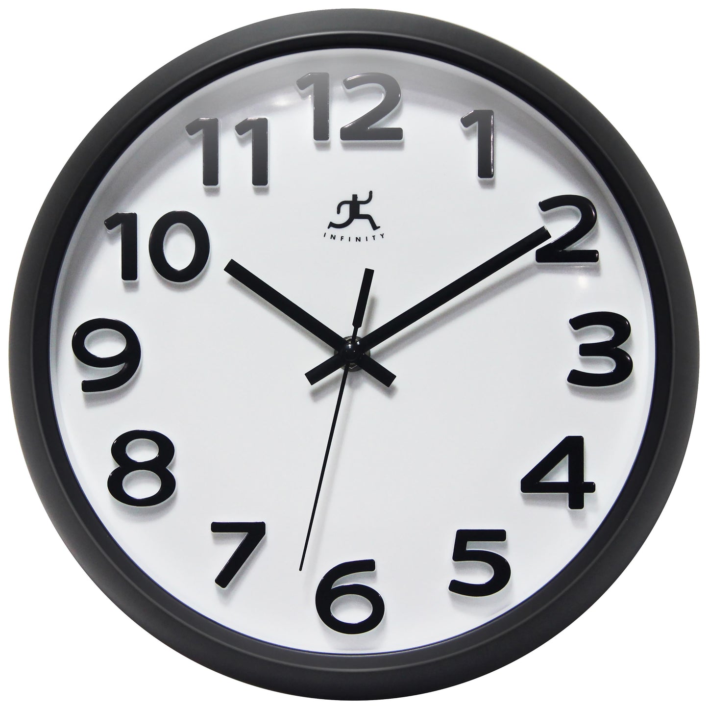Infinity Instruments Raised Numeral Plastic 10.75" Indoor Wall Clock with Standard Arabic Numbers on Clock Face, Black