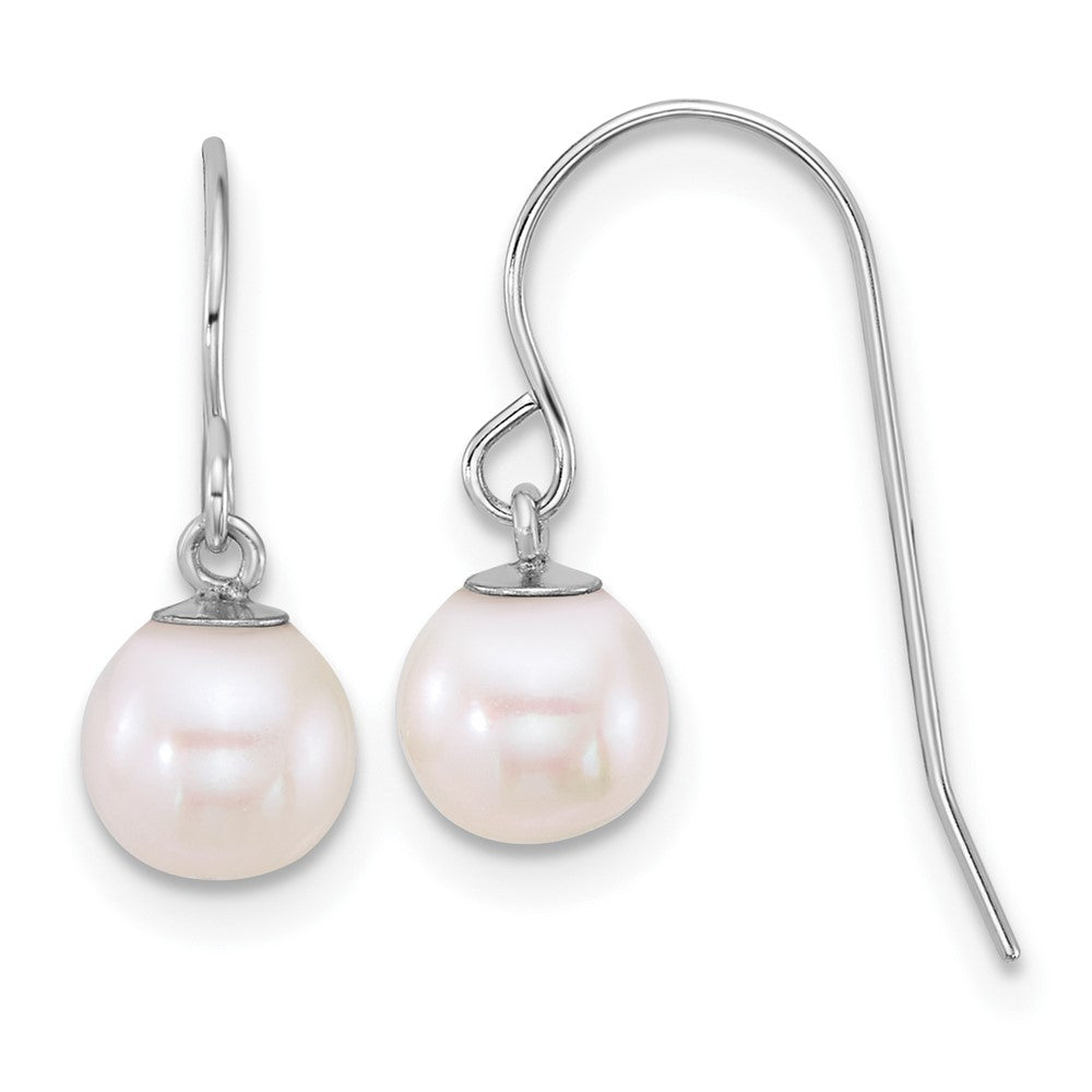 10k White Gold Polished 6-7mm Round White Freshwater Culture Pearl Dangle Shepherd Hook Earrings