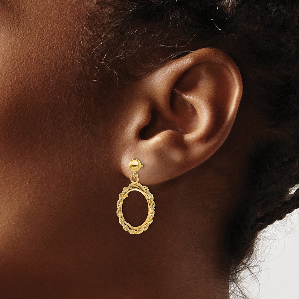 Wideband Distinguished Coin Jewelry 14k Polished Rope 15.0mm Prong Coin Bezel Post Dangle Earrings