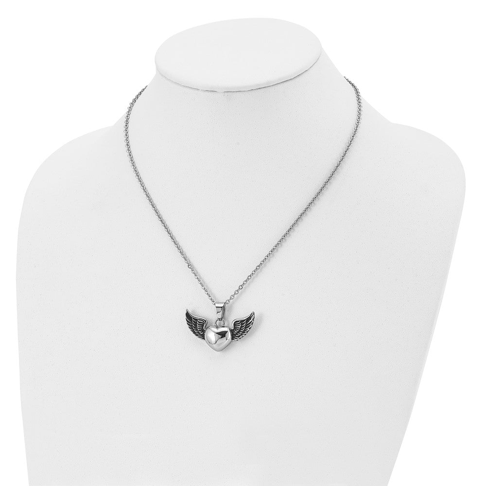 Stainless Steel Antiqued and Polished Heart with Wings 18in Necklace