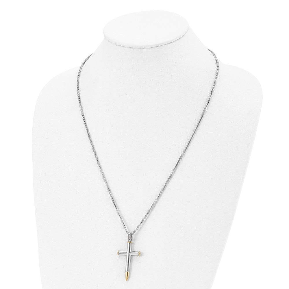 Stainless Steel Polished Yellow IP-plated Bullet Cross 24in Necklace