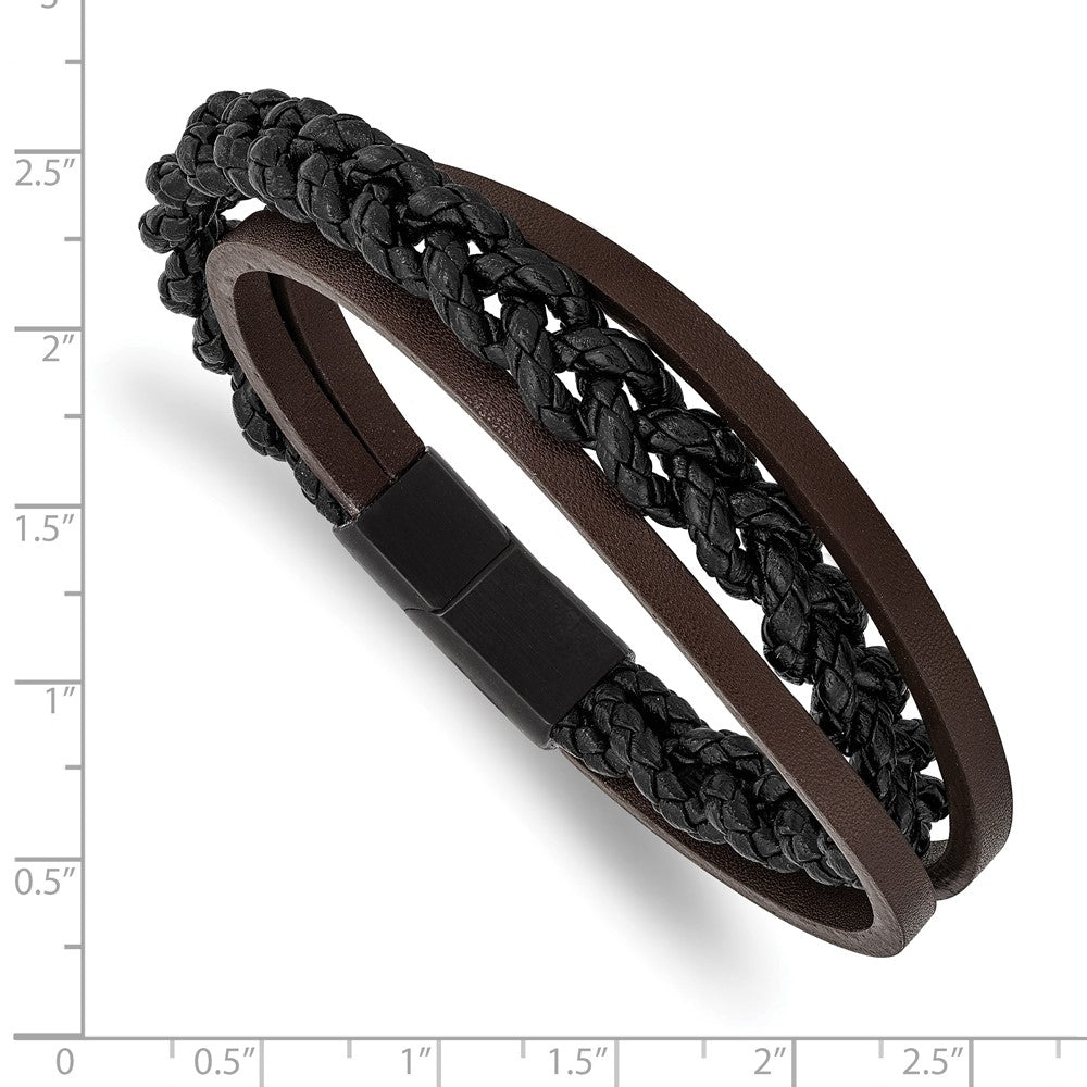 Stainless Steel Brushed Black IP Multi Strand Black/Brown Leather Bracelet 8.25 inches