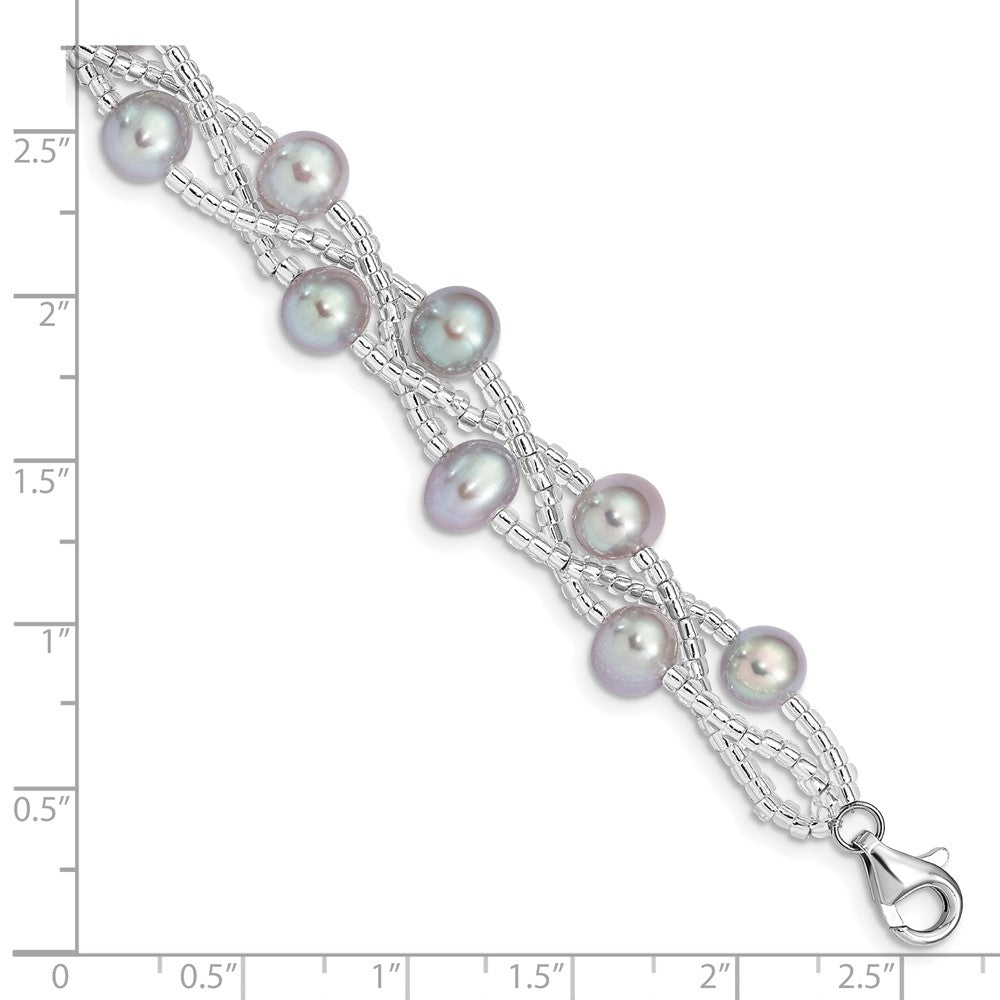 Sterling Silver Rhodium-plated 7-9mm Grey Semi-Round Freshwater Cultured Pearl and Glass Beaded 7.5 inch Bracelet 7.5 inches