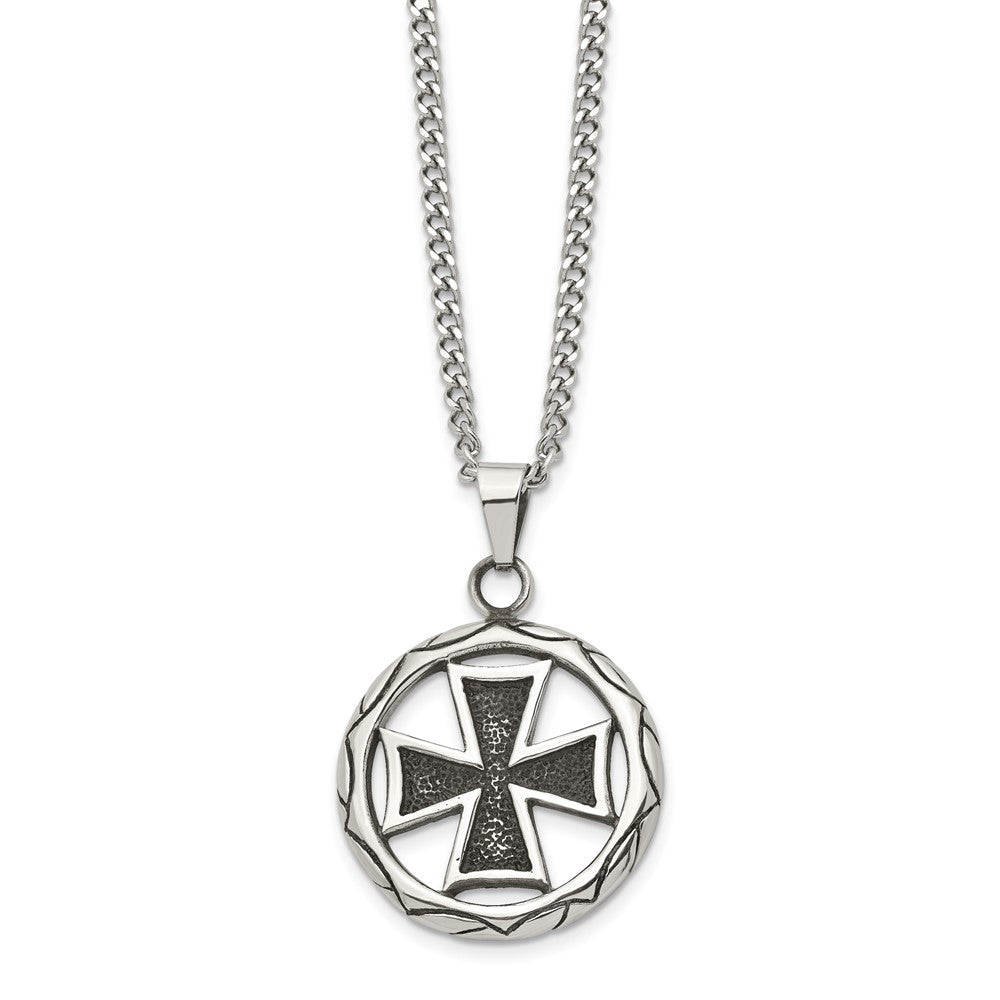 Stainless Steel Antiqued and Polished Cross in Circle 22in Necklace