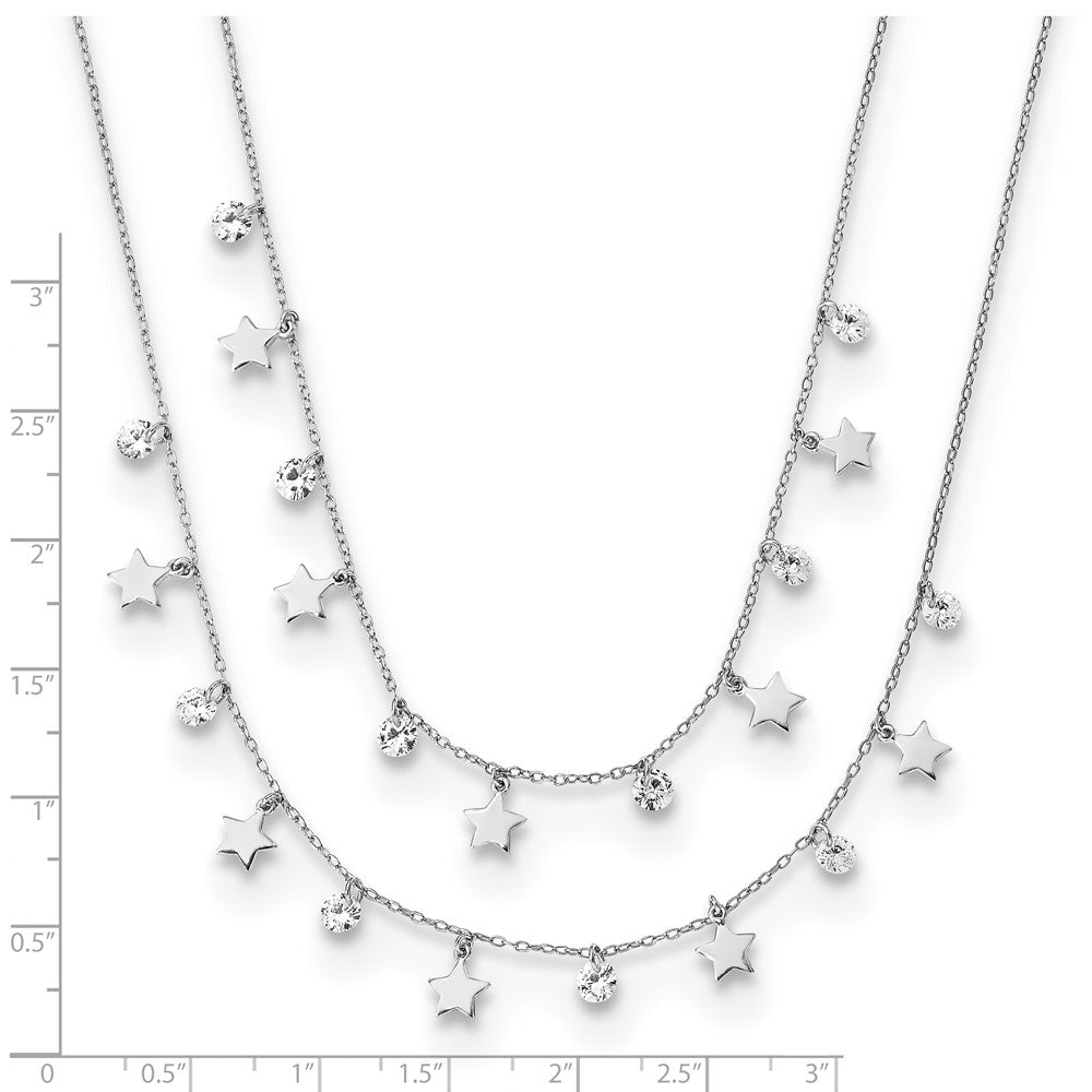 Sterling Silver Rh-Plated Stars and CZ Layered w/ 1.25in Ext. Necklace