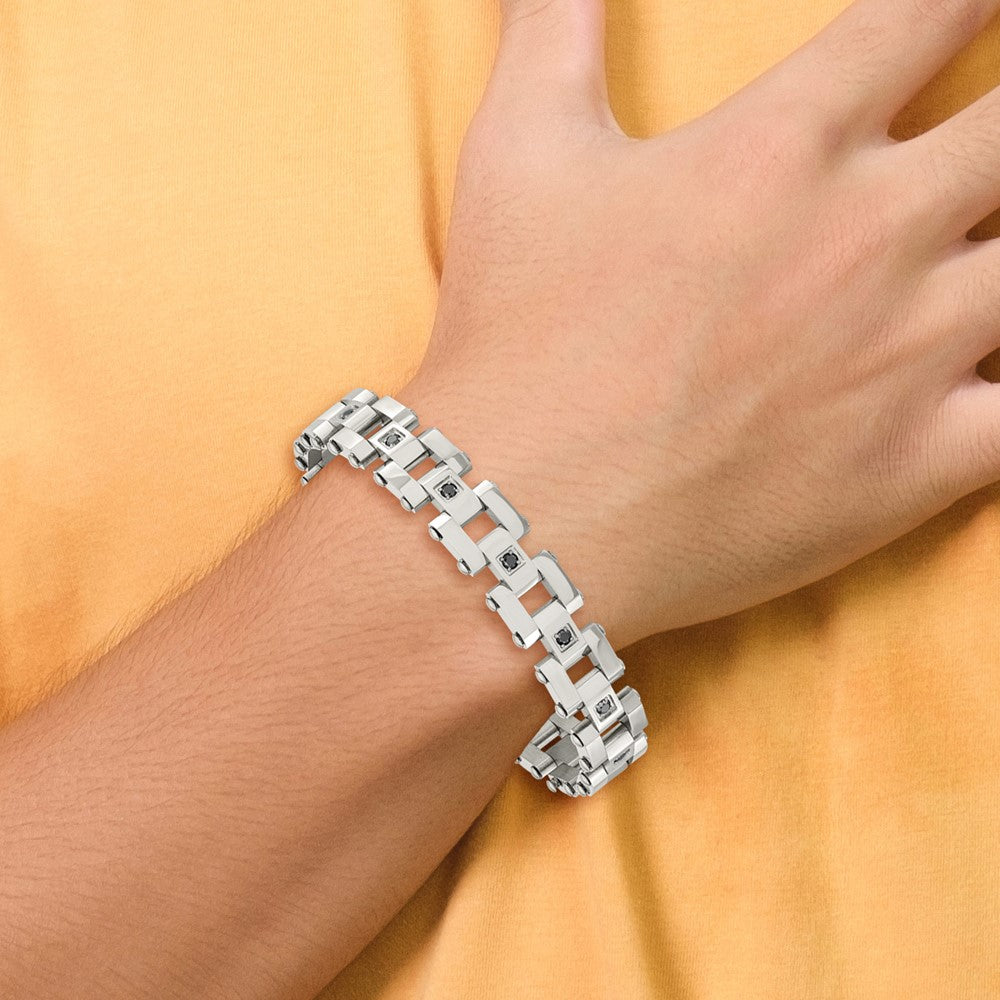 Stainless Steel Polished with Black Diamonds 8.5in Bracelet 8.5 inches