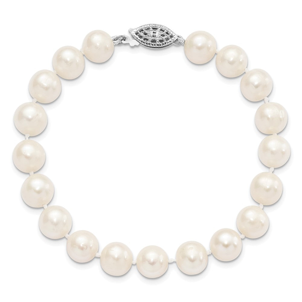 Sterling Silver Rhodium-plated 8-9mm White Near Round Freshwater Cultured Pearl 8.25 inch Bracelet