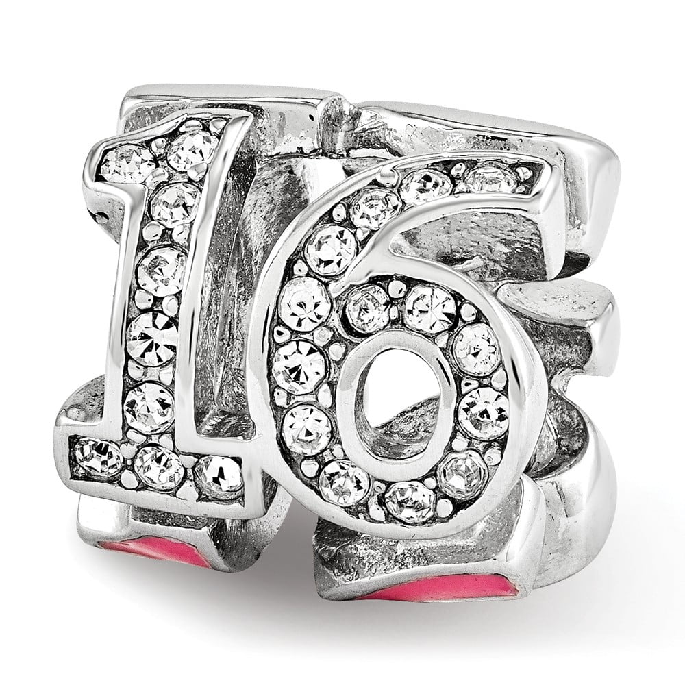 Sterling Silver, Pink Enamel & Crystals 3-Sided Number 16 Bead Charm