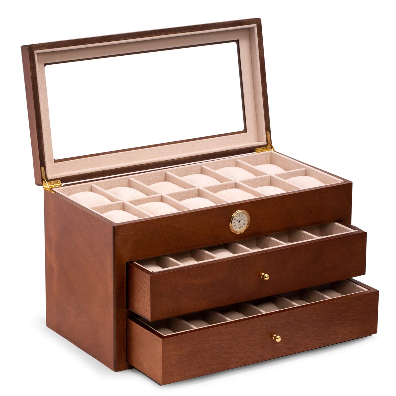 Bey-Berk 36-Watch Box | Quartz Movement Clock | Cherry Wood | CM686BRW