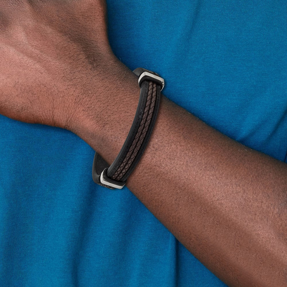 Stainless Steel Polished Black/Brown Braided Leather w/.5in ext. Bracelet 8 inches