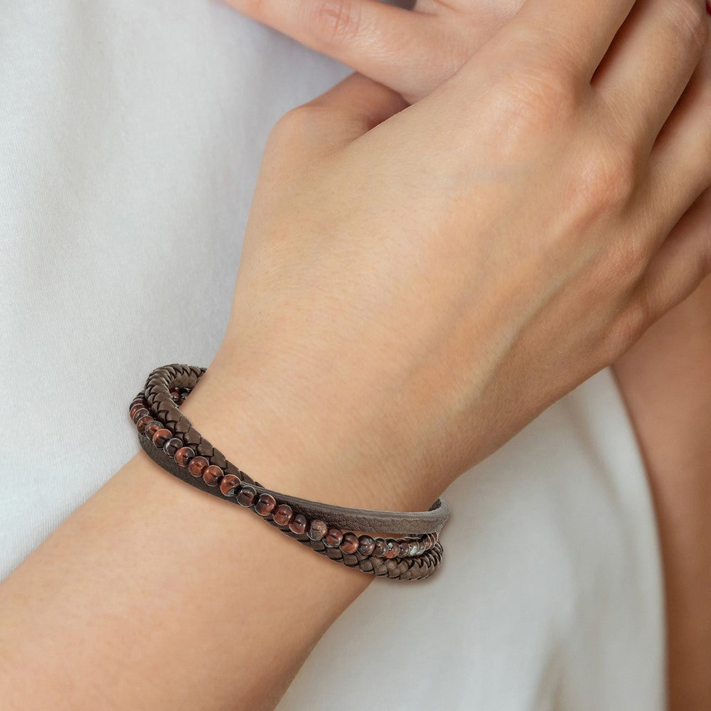 Stainless Steel Polished with Tiger's Eye Brown Leather 8.25in Bracelet 8.25 inches