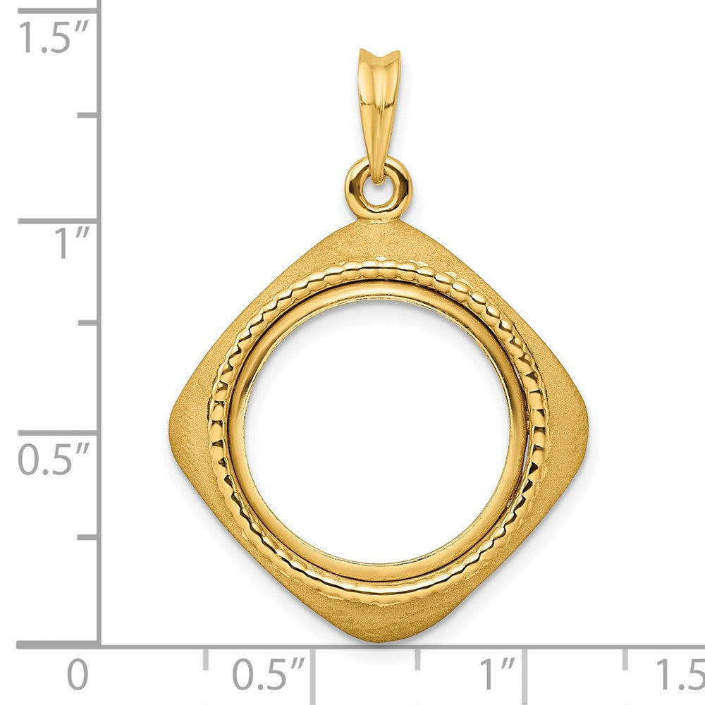 Wideband Distinguished Coin Jewelry 14k Polished Textured and Beaded Diamond Shaped 17.8mm Prong Coin Bezel Pendant