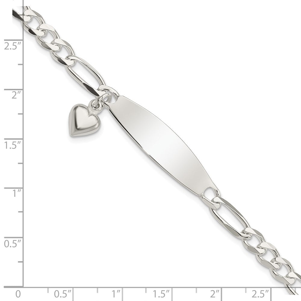 Sterling Silver Polished Figaro ID Heart Dangle Bracelet 7.5 inches