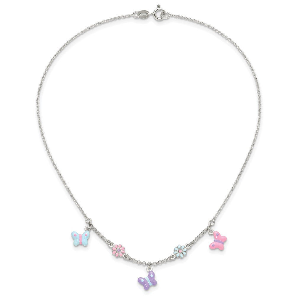 Sterling Silver Polished Enameled Floral & Butterfly Children's Necklace 14 Inches