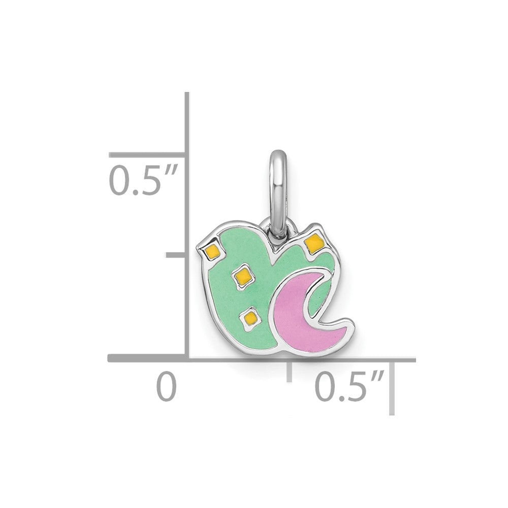 Sterling Silver Rhodium-plated Polished Green/Pink/Yellow Enamel Heart And Moon Childrens Pendant