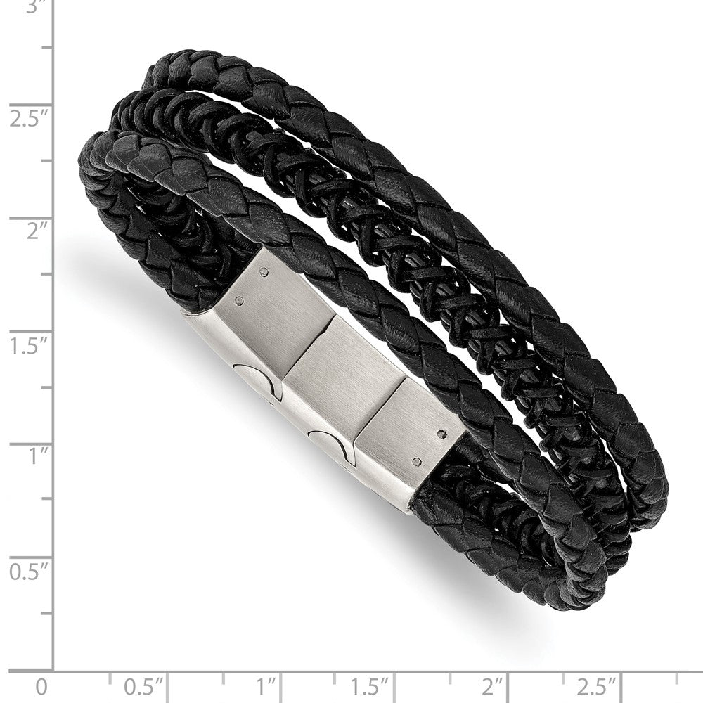 Stainless Steel Brushed & Polished Black IP Leather w/.5in ext Bracelet 8 inches