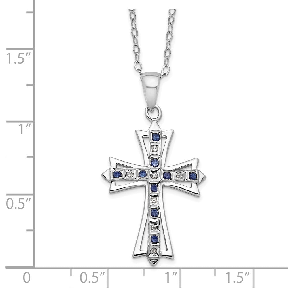 Diamond Fascination Diamond Mystique Sterling Silver Platinum-plated Diamond and Sapphire Cross 18 Inch Necklace 18 Inches