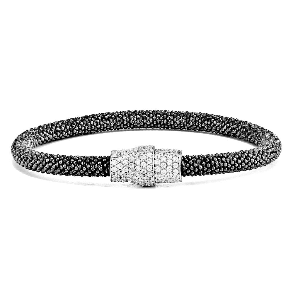 Sterling Silver Blk Rh Mesh 7.25 Magnetic Clasp Bracelet