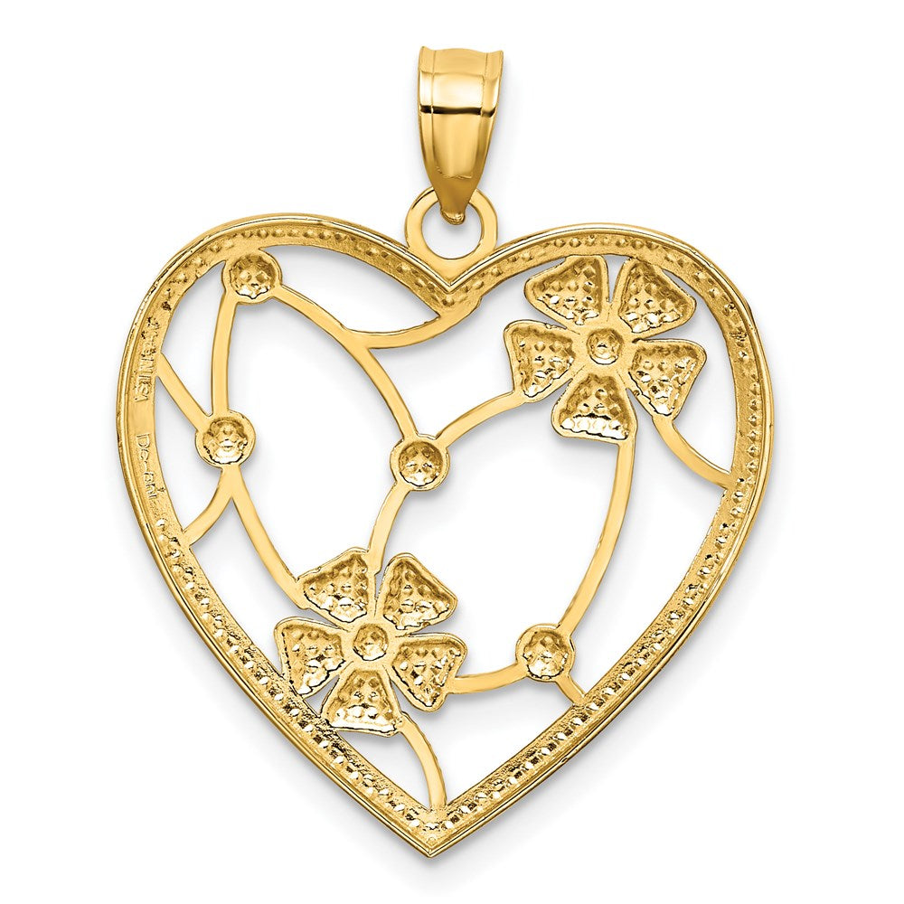 14k w/ Rhodium Flowers In Heart Charm