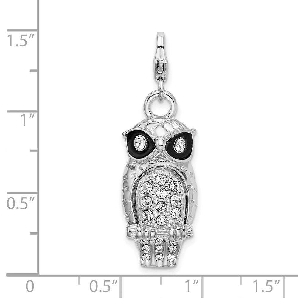 Amore La Vita Sterling Silver Rhodium-plated Polished 3-D Enameled Crystal Owl Charm with Fancy Lobster Clasp