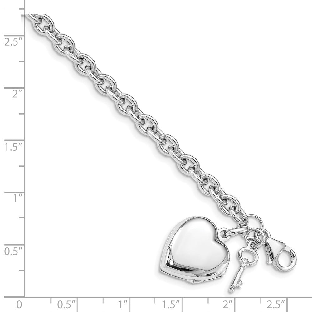 Sterling Silver Rhodium-plated Puffed Heart Locket & Key Bracelet 7.25 inches