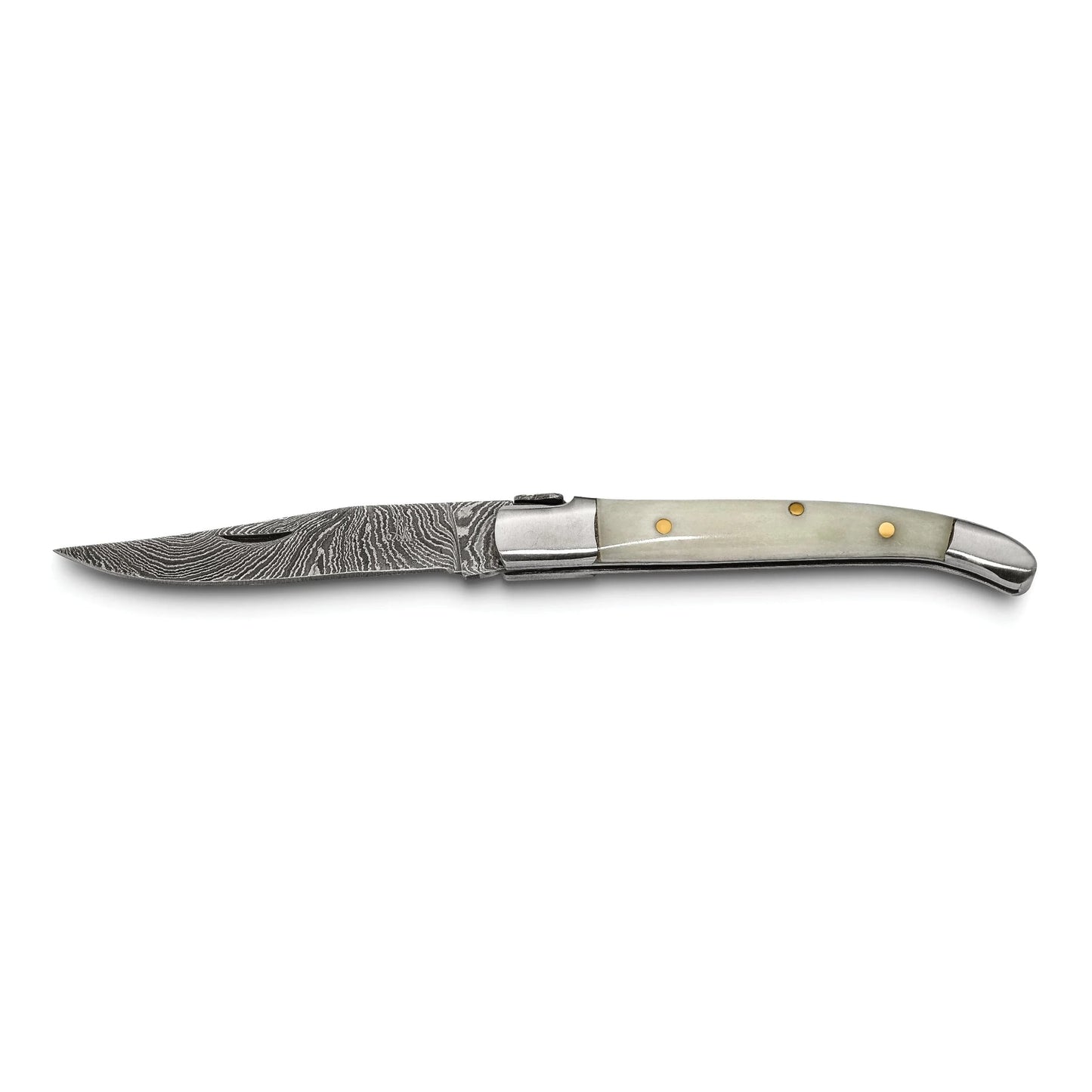 Luxury Giftware Damascus Steel 256 Layer Folding Blade Camel Bone Handle Knife with Leather Sheath and Wooden Gift Box QKN72334