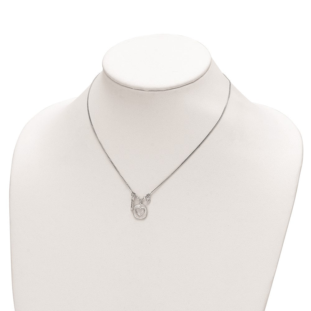 Sterling Silver Rhodium-plated Satin Heart/Love/CZ w/1.5in Ext Necklace 16 Inches