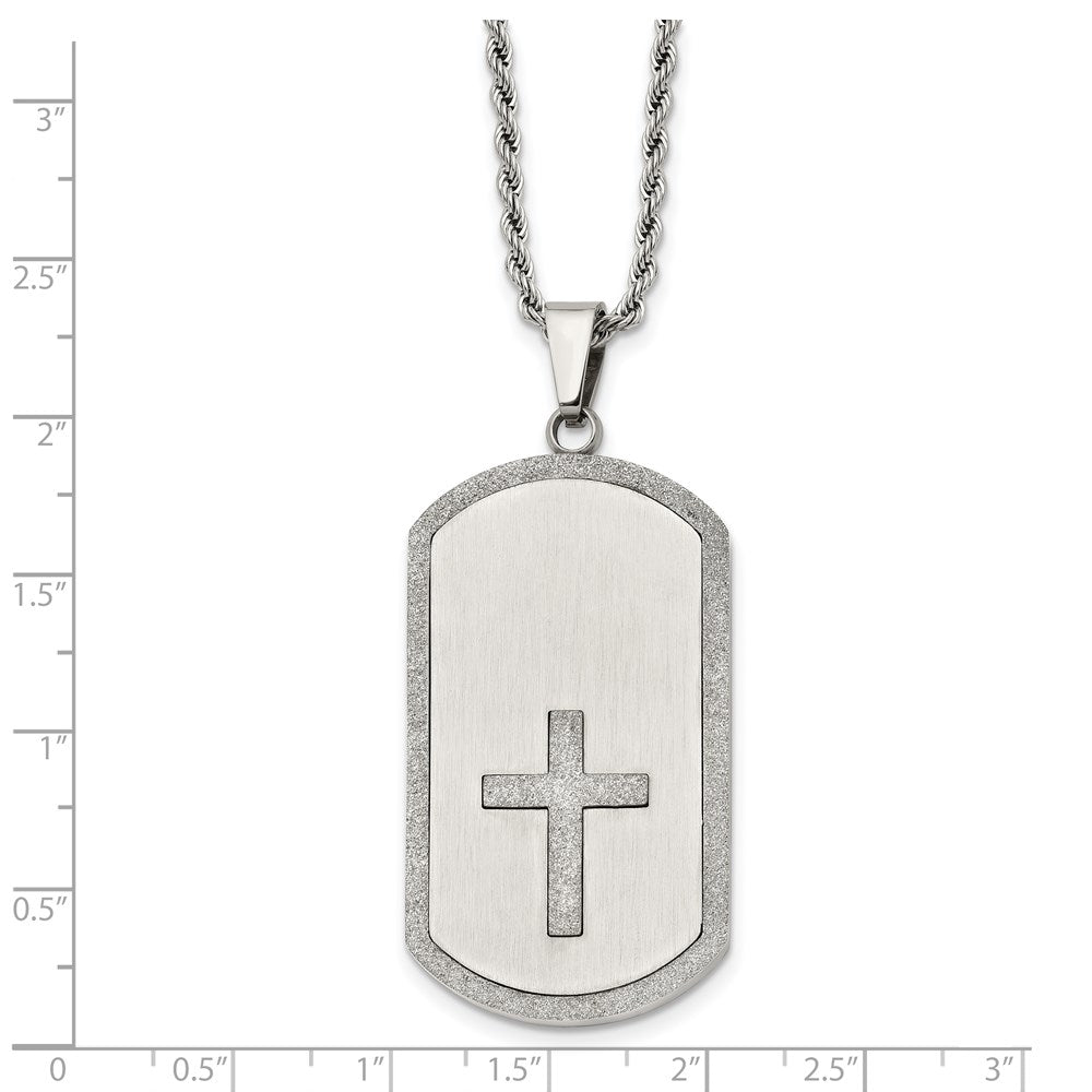 Stainless Steel Brushed Laser Cut Cross Dog Tag 24in Necklace