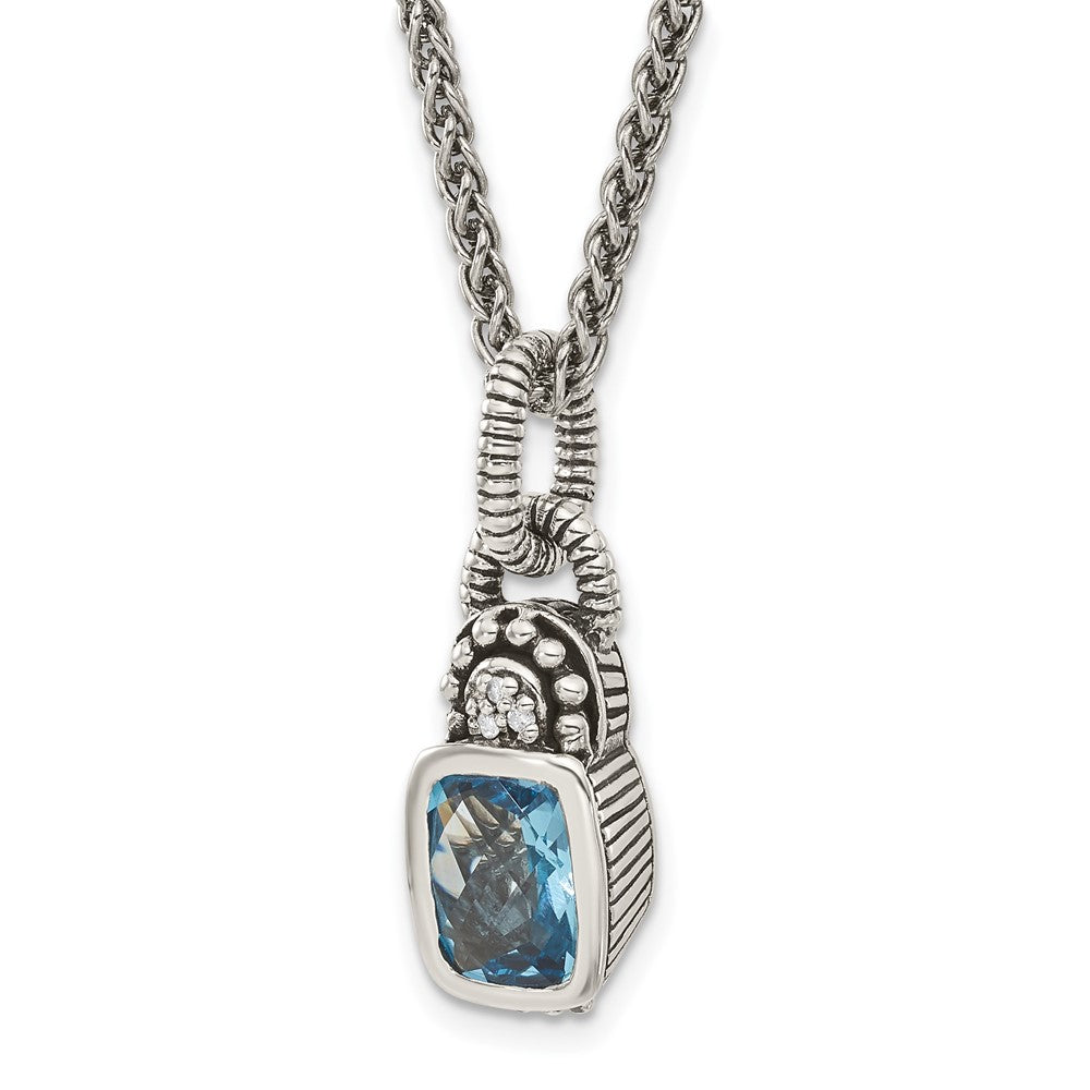 Shey Couture Sterling Silver 18 Inch Antiqued Cushion Bezel Sky Blue Topaz and Diamond Necklace 18 Inches