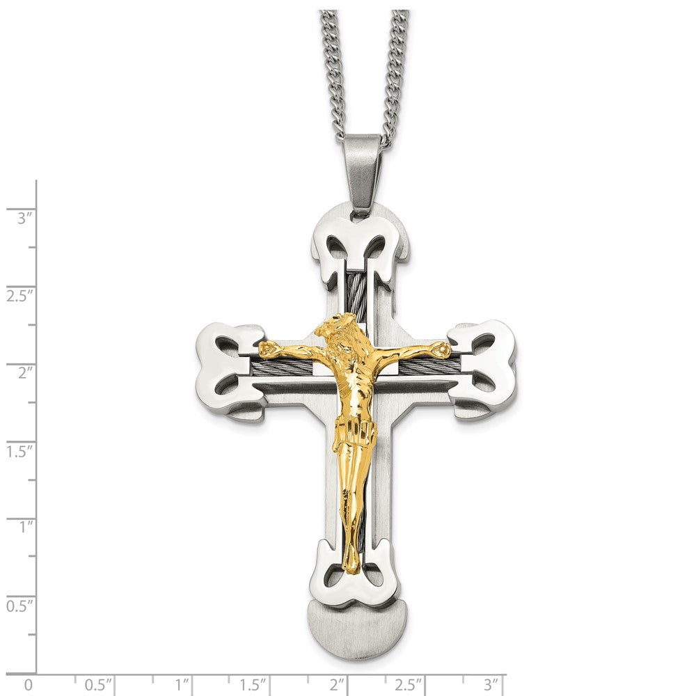 Stainless Steel Brushed & Polished Yellow IP w/Cable Crucifix 24in Necklace
