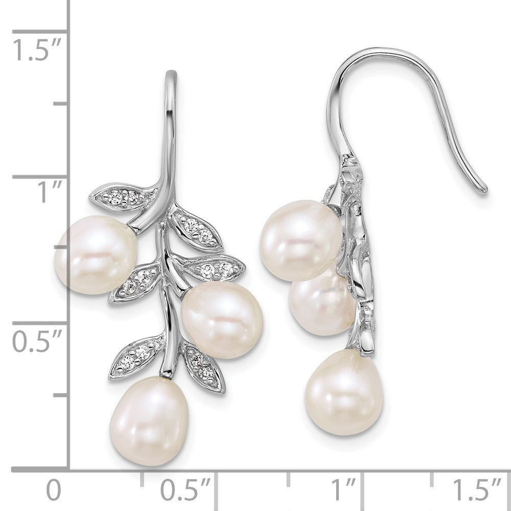 Sterling Silver Rhodium-plated 6-8mm Rice White Freshwater Cultured Pearland CZ Leaf Dangle Shepherd Hook Earrings