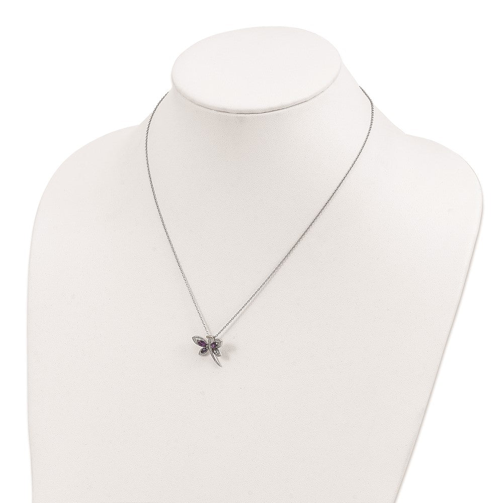 Brilliant Gemstones Sterling Silver with 14K Accent Rhodium-plated Amethyst and Iolite and Diamond Dragonfly 18 Inch Necklace with 2 Inch Extender 17 Inches