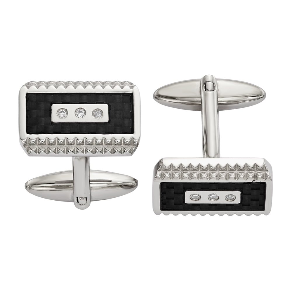 Stainless Steel Polished Black Carbon Fiber Inlay with CZ Cuff Links