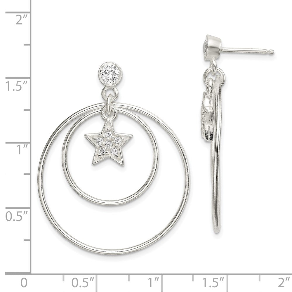 Sterling Silver Polished CZ Star Orbiting Circles Drop Post Earrings