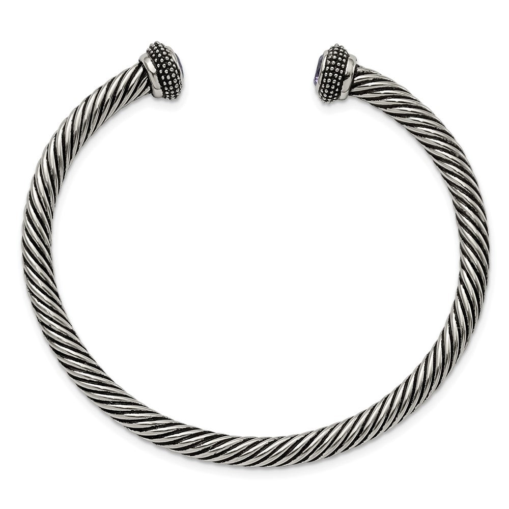 Stainless Steel Antiqued and Polished w/Purple CZ Twisted Bangle