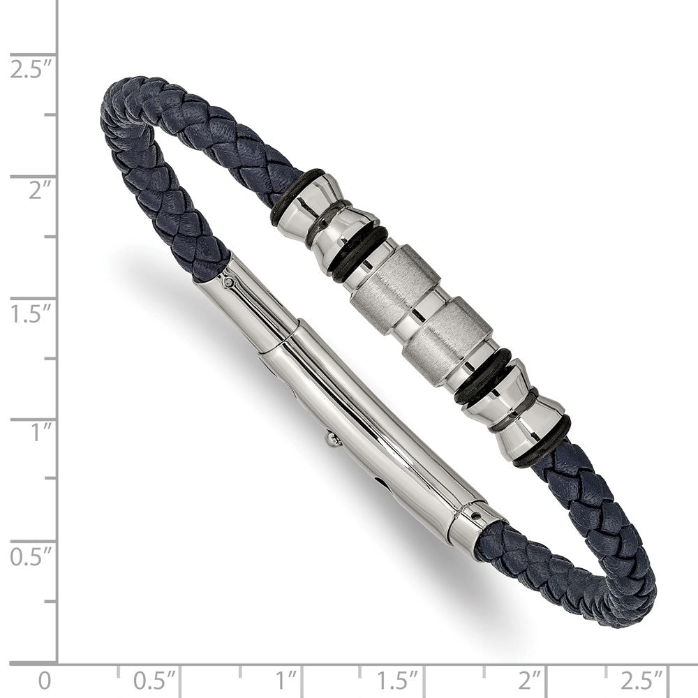 Stainless Steel Brushed & Polished Blk IP/Rubber Blue Leather Adj Bracelet
