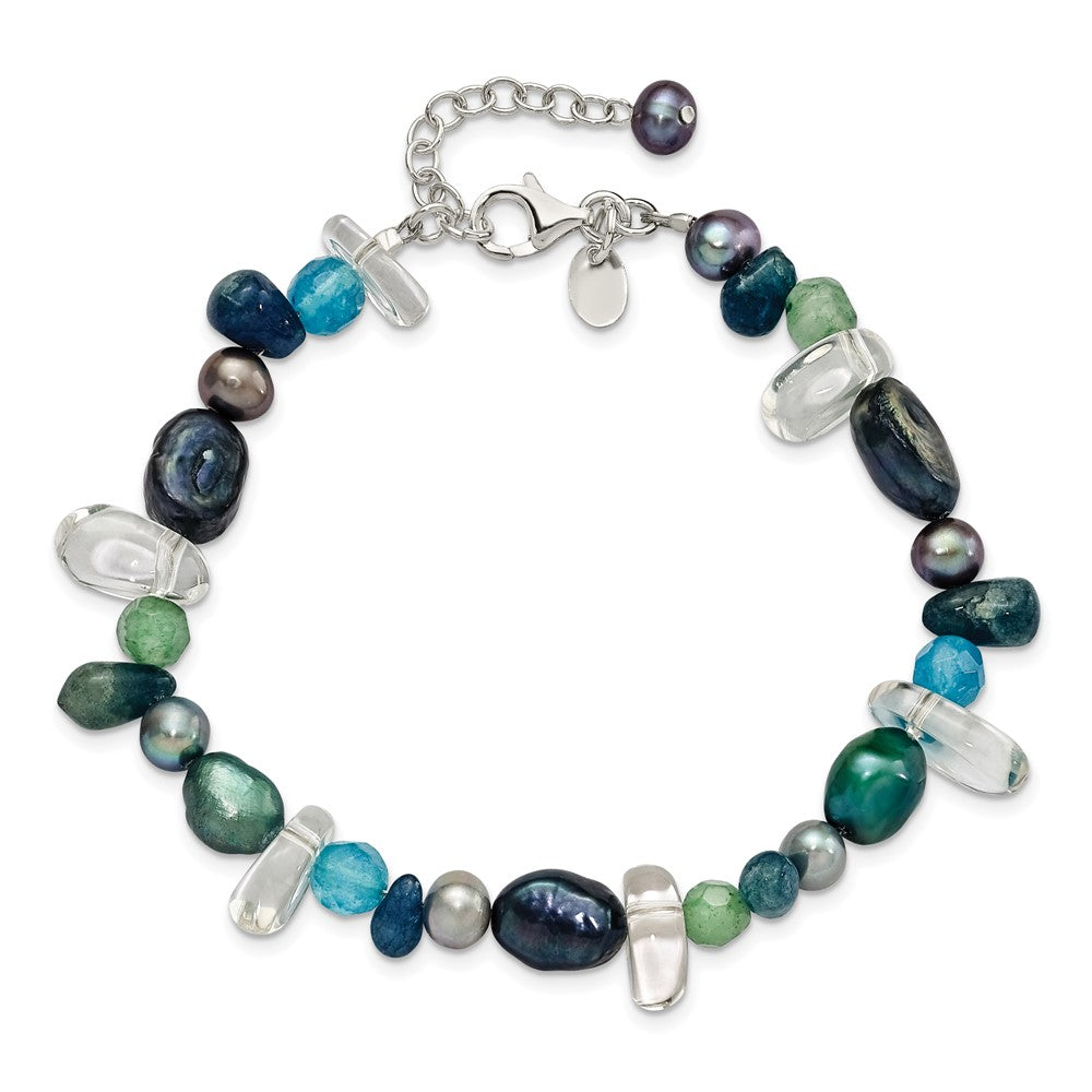 Sterling Silver Aventurine, Synthetic Blue Quartz/FWC Pearl Bracelet 7.75 inches