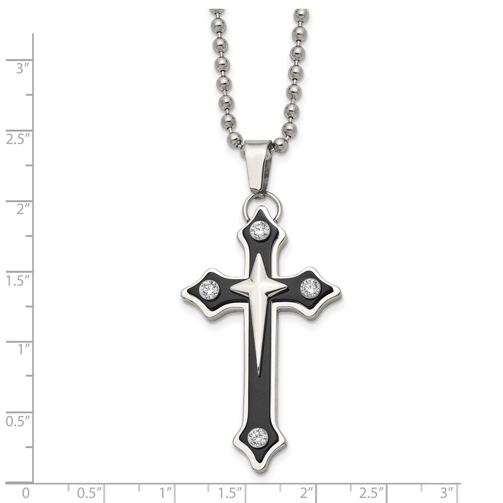 Stainless Steel Polished Black IP-plated w/CZ Cross 20in Necklace