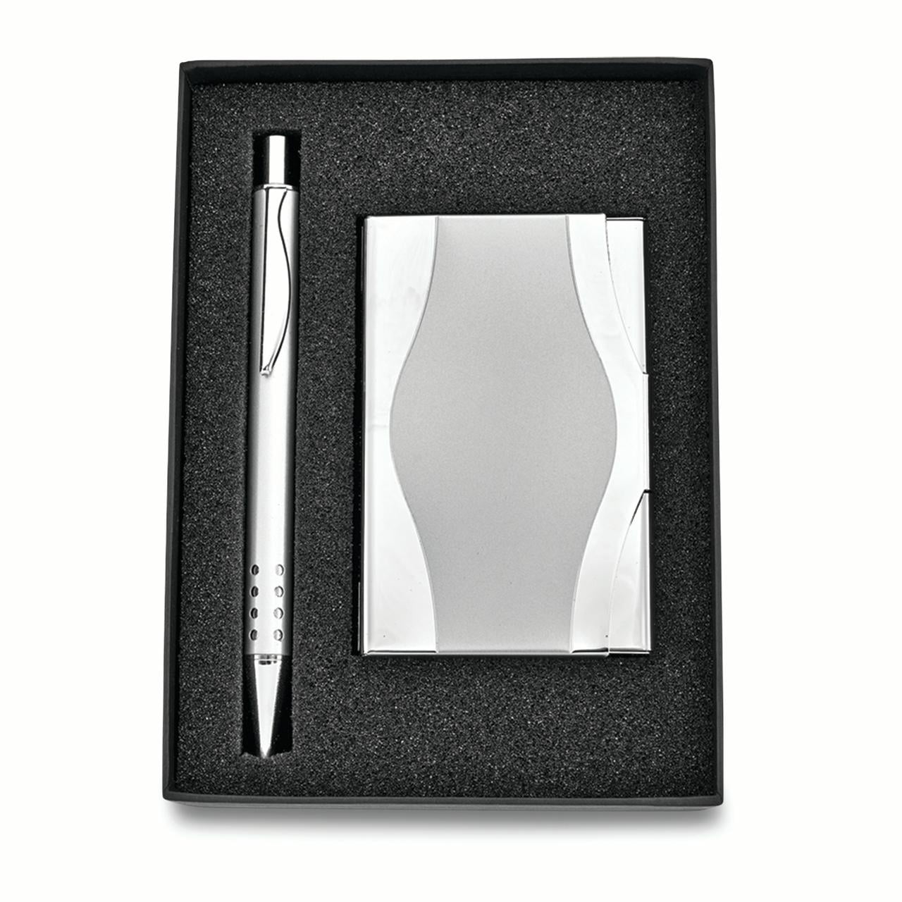Silver-tone Business Card Case & Pen 2-piece Gift Set - Engravable Gift Item