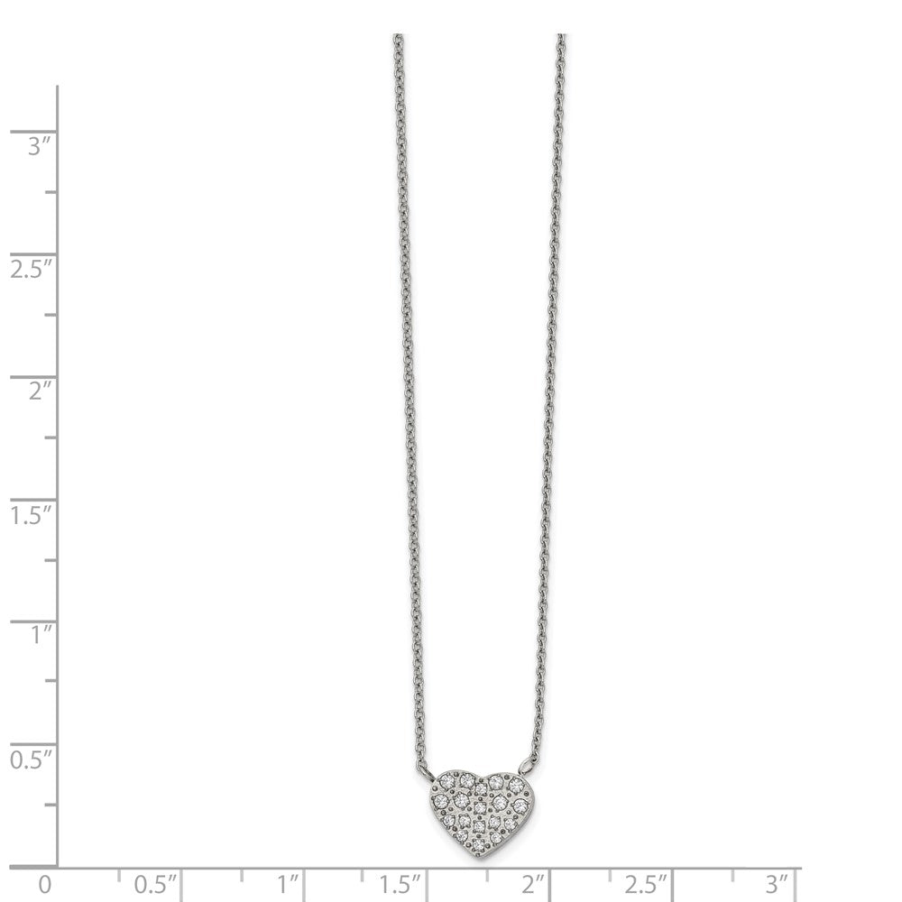 Stainless Steel Polished w/CZ Heart 17in w/2.5in ext Necklace