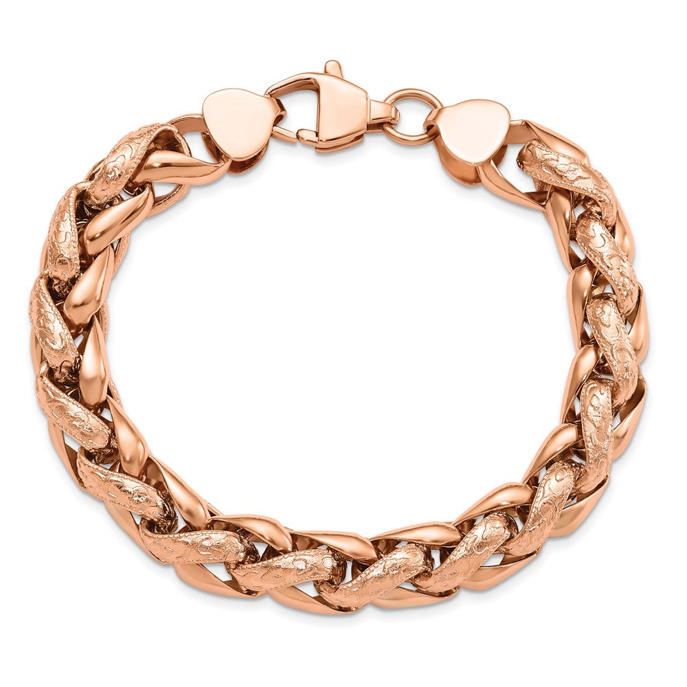 Stainless Steel Polished & Textured Rose IP-plated Wheat 8.75in Bracelet 8.75 inches
