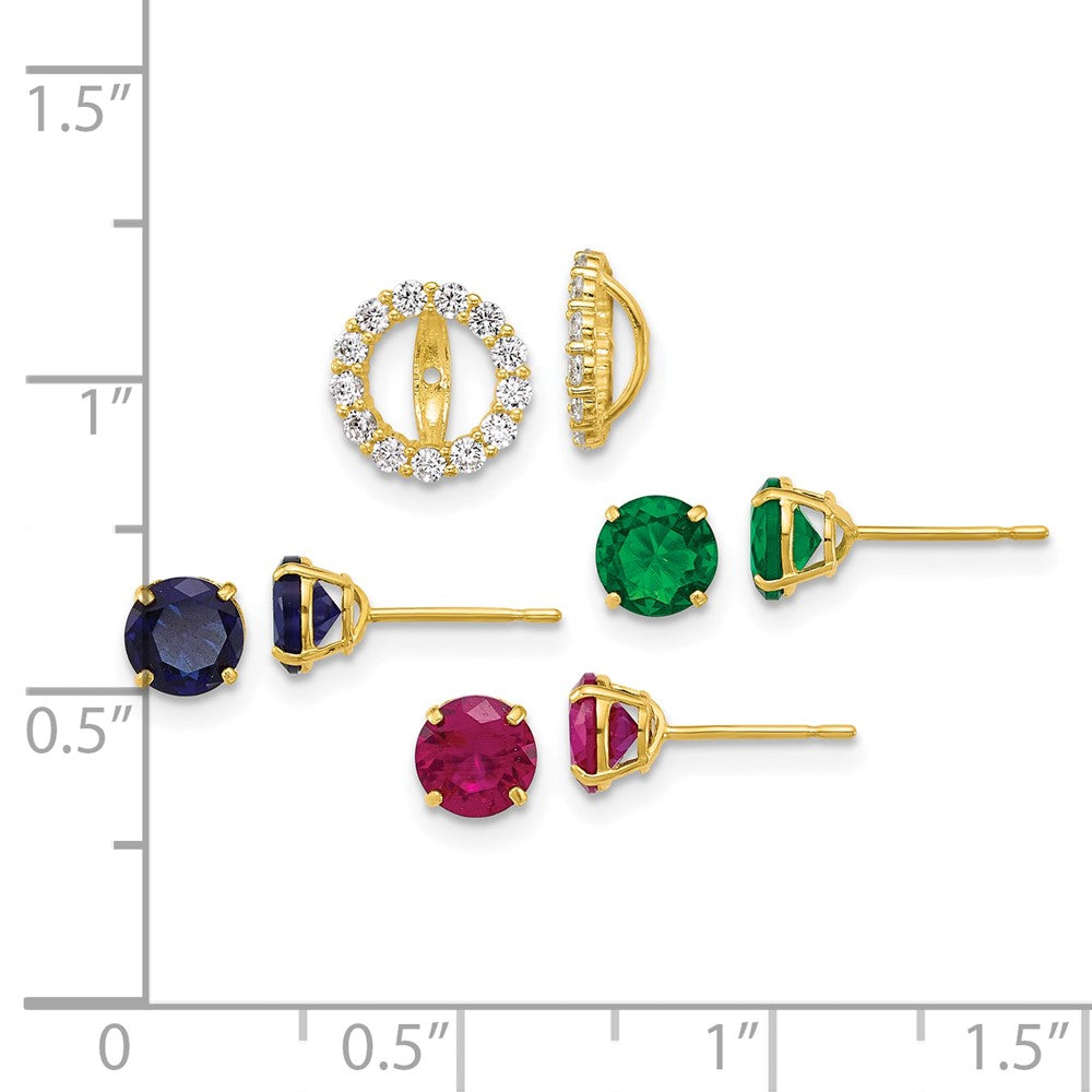 10k Set of Three Red, Blue and Green Glass Stone Studs with CZ Halo Jacket Post Earrings