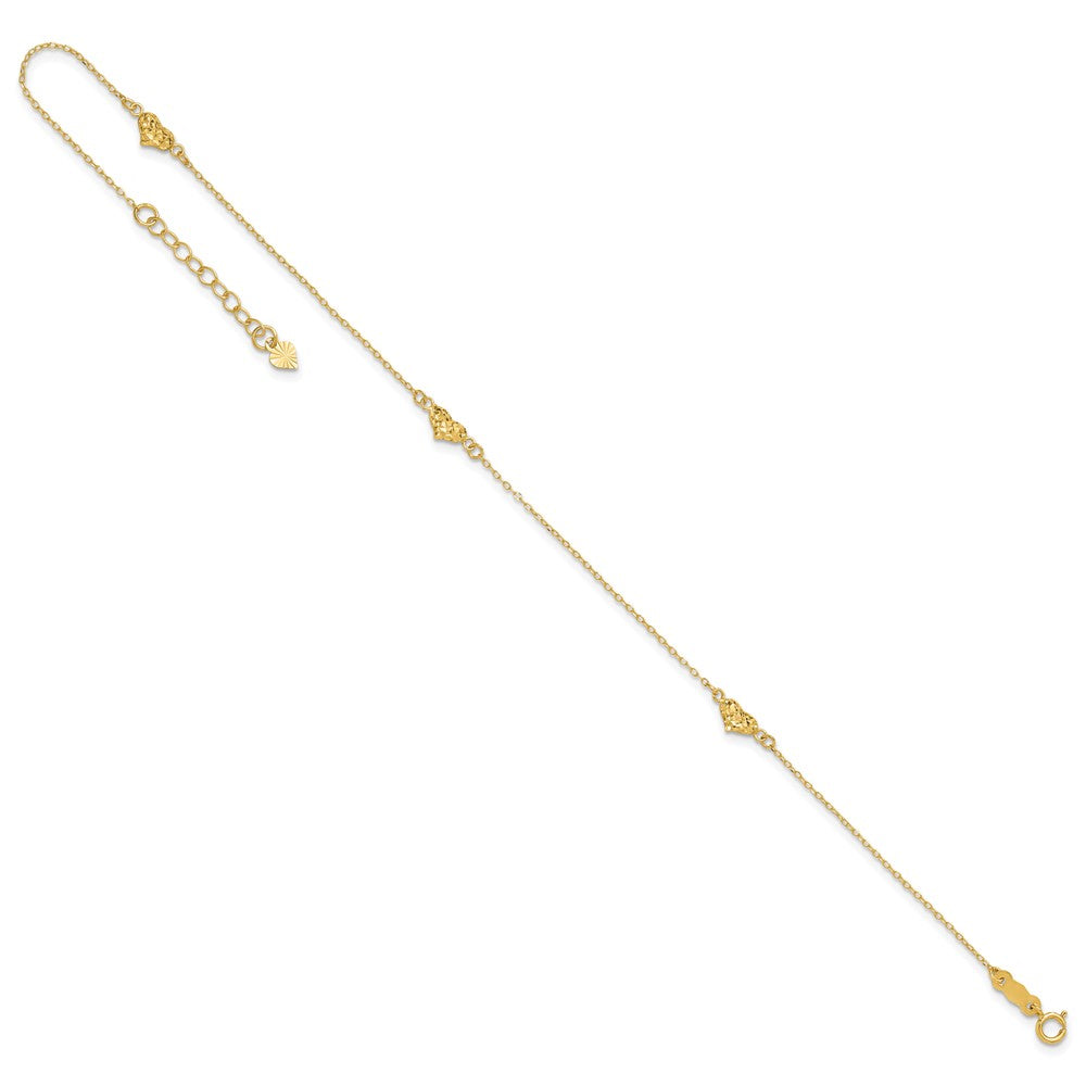14k Polished Diamond-cut Triple Puffed Hearts 10in Plus 1in. Ext. Anklet