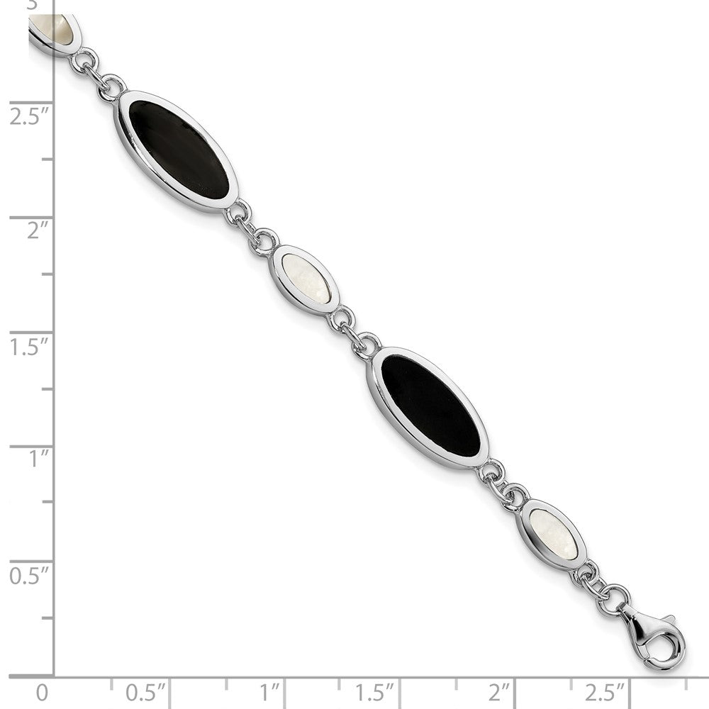 Sterling Silver Rhodium-plated Onyx and Mother of Pearl Bracelet 7 inches