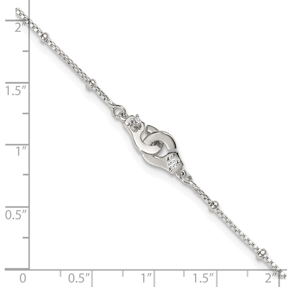 Sterling Silver Polished Beaded White CZ Interlinking Circles 9 inch with 1 inch Extension Anklet