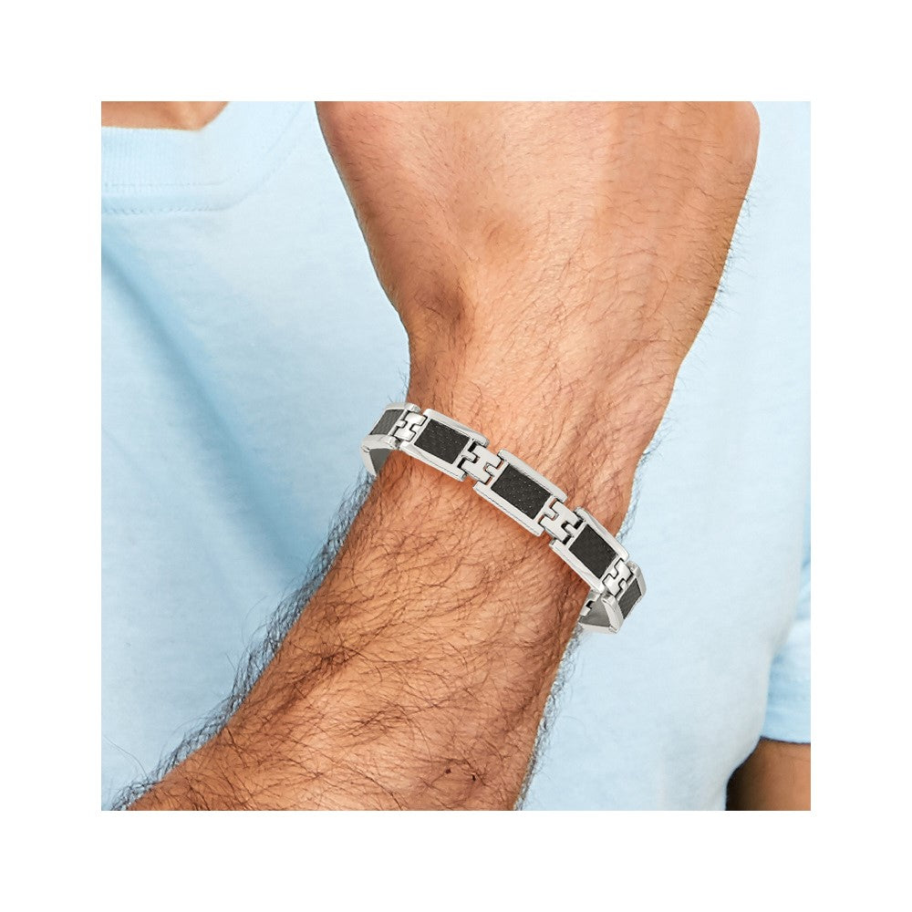 Stainless Steel Polished Black Carbon Fiber Inlay 9in Bracelet 9.25 inches
