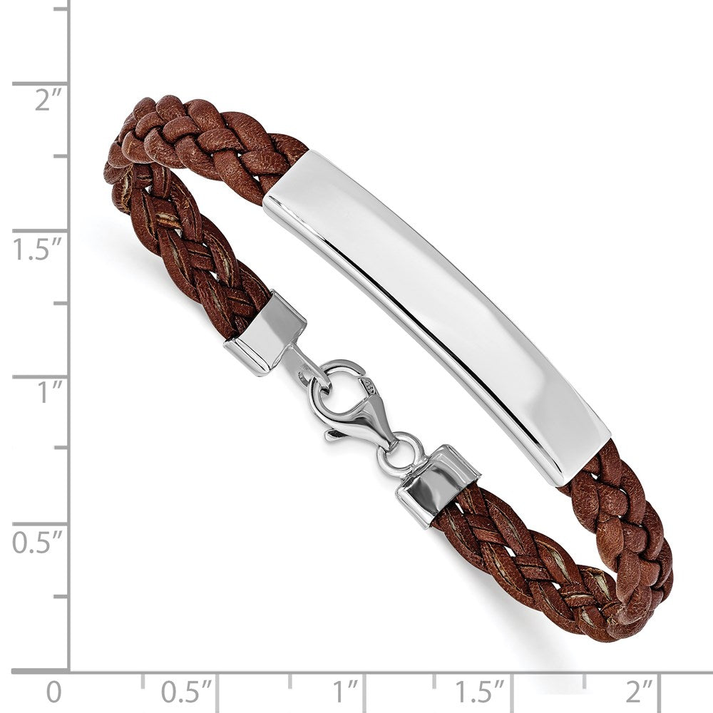 Sterling Silver Rhodium-plated Brown Braided Leather Bracelet 7 inches